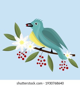 Cute cartoon bird sitting on a branch, beautiful flowers and berries.