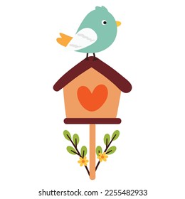 cute cartoon bird standing on bird house