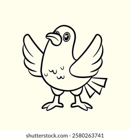 Cute Cartoon Bird Standing and Opening Its Wings. Thin line illustration.