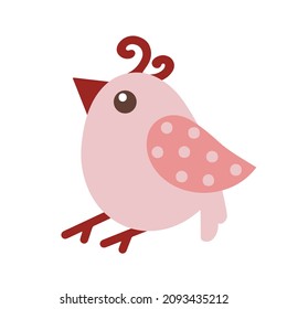 Cute cartoon bird vector icon. Hand-drawn animal isolated on white backdrop. A funny pink sparrow with a small beak, curls, polka dot wings. Flat concept for decoration, design of children's products.
