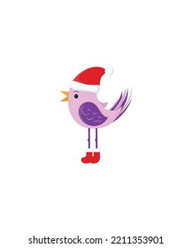 A cute cartoon bird wears a Santa Claus hat and shoes vector isolated on white background.  Perfect for coloring book, textiles, icon, web, painting, books, t-shirt print.