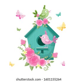 Cute cartoon birdhouse with birds and roses for Valentine's Day. Vector illustration