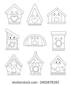Cute cartoon birdhouse with face emotions. Coloring Page. House kawaii characters for bird. Spring or autumn environment. Hand drawn style. Vector drawing. Collection of design elements.