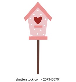 Cute cartoon birdhouse on a stick vector icon. Hand-drawn spring Easter clipart isolated on white backdrop. Pink nest box with polka dots, heart-shaped entrance. Flat element for Valentine's day.