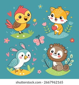 Conjunto Vetor de Pássaros e Animais de Animação Bonito