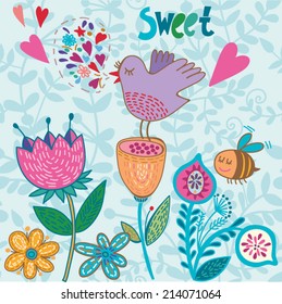 Cute cartoon birds and bee on flowers in vector. Stylish floral card. Summer background in bright colors.