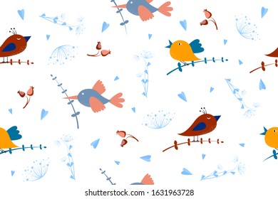 Cute cartoon birds with branch in its beak among blue flowers. Natural background. Seamless pattern for textiles, wallpaper, cards for Easter, Valentine's Day, March 8