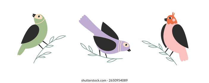 Cute cartoon birds clipart – colorful birds on branches