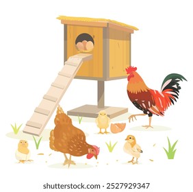 Linda colección de pájaros de dibujos animados. Ilustraciones de la familia del Vector de pollo, gallina, pollitos, huevos y gallo sobre fondo blanco.