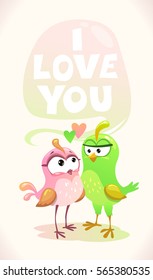 Cute cartoon birds couple. I love you inscription. 