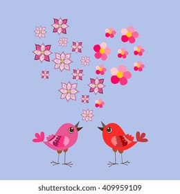 Cute cartoon birds and flowers heart. Valentine's Day. Greeting card. Wedding invitation.
