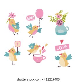 Cute Cartoon Birds Flowers Print Stock Vector (Royalty Free) 412219405