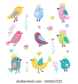 Cute cartoon birds and flowers in vector. Stylish floral card. Summer background in bright colors. Greeting card, poster, banner illustration. Isolated scandinavian cartoon illustration