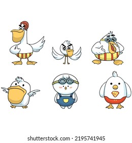 Cute cartoon birds. Funny circle pelican cheerful animals vector characters