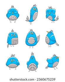 Cute cartoon birds. Hand drawn style. Funny comic character. Vector drawing. Collection of design elements.