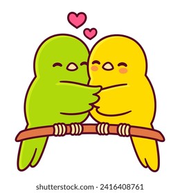 Cute cartoon birds hugging. Green and yellow bird couple in love. Valentines day greeting card vector illustration.