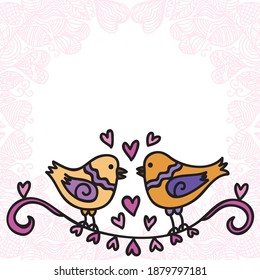 Cute cartoon birds love hearts. Vector illustration