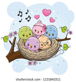 Cute Cartoon Birds in a nest on a branch