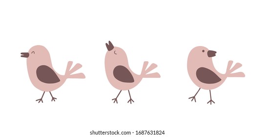 Cute cartoon birds in neutral colors. Vector illustration set.