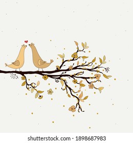 Cute cartoon birds on branch in spring