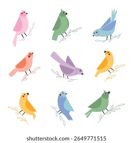 Cute cartoon birds on branches – colorful bird clipart vector set