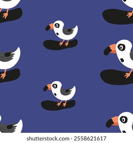 Cute cartoon birds on a deep blue background in a playful pattern design