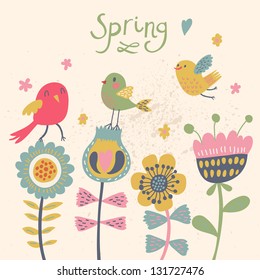 Cute cartoon birds on flowers in vector. Stylish floral card. Summer background in bright colors.