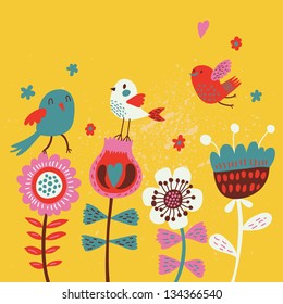 Cute cartoon birds on flowers. Bright floral background in vector. Childish vintage elements