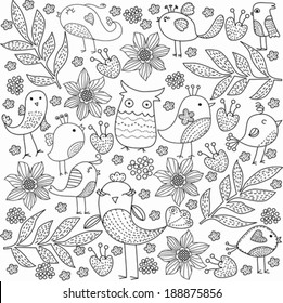 Cute cartoon birds on flowers in vector. Stylish floral card. 
