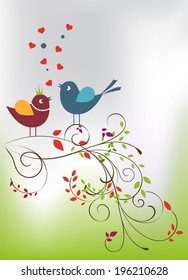 Cute cartoon birds on flowers in vector. Stylish floral card. Summer background in bright colors