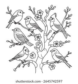 Cute cartoon birds on a tree branch, a floral spring nature illustration