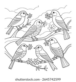 Cute cartoon birds on a tree branch, a floral spring nature illustration