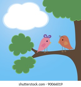 Cute cartoon birds on a tree
