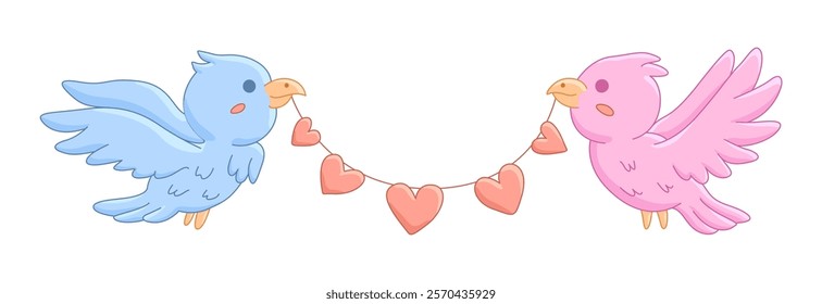 Cute cartoon birds with outstretched wings flying and holding a heart garland