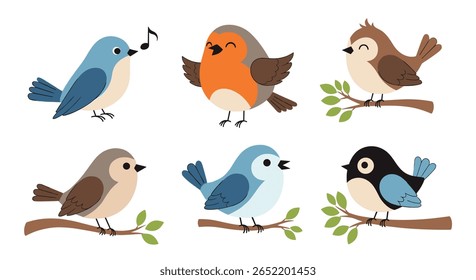 Pássaros bonitos de desenhos animados empoleirados em galhos de árvores cantando e chilrando
