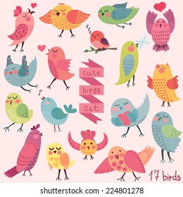 Cute cartoon birds set. Vector illustration