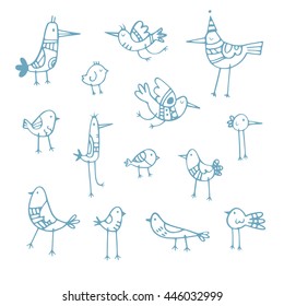 Cute cartoon birds set. Vector contour image no fill. Doodle style. Children's illustration. Funny animals.