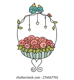 Cute cartoon birds sitting on basket of flowers. Little  love birds on a bouquet of roses with hearts. Hand-drawn summer vector illustration isolated on white.