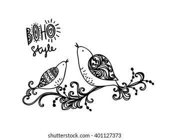 Cute cartoon birds sitting on a branch in vector.