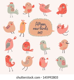 Cute cartoon birds in vector. Funny birds in childish style. 15 small pretty birds in pink colors