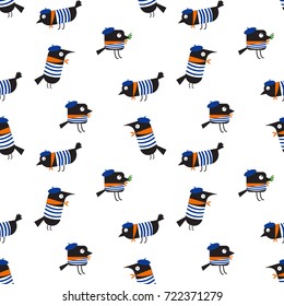 Cute Cartoon Birds Wearing Clothes Pattern Background. Vector Illustration