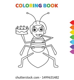 cute cartoon birthday bug with cake coloring book for kids. black and white vector illustration for coloring book. birthday bug with cake concept hand drawn illustration