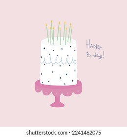 Cute cartoon Birthday cake with candles. Vector hand drawn illustration.