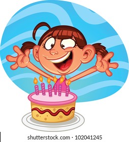 Cute cartoon birthday girl with a cake. Vector illustration with simple gradients. Character and background on separate ayers for easy editing.