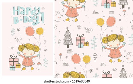 Cute cartoon Birthday girl. hand drawn vector illustration. Can be used for baby t-shirt print, fashion print design, kids wear, baby shower celebration greeting and invitation card.