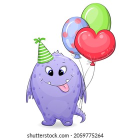 Cute cartoon birthday monster with balloons and party hat. Vector illustration isolated on white background.