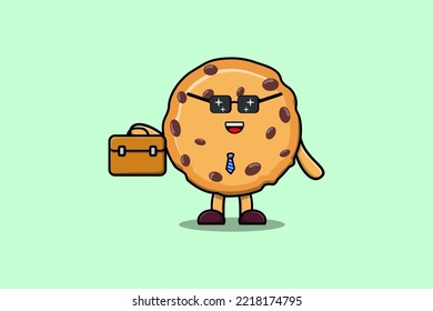 Cute cartoon Biscuits businessman character holding suitcase illustration