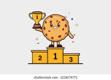 Cute cartoon Biscuits character as the first winner with happy expression in modern illustration
