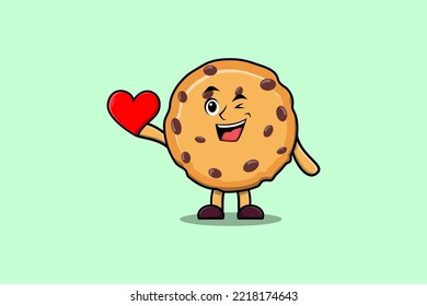 Dibujo lindo Biscuits personaje sostiene un gran corazón rojo en una ilustración de diseño de estilo moderno