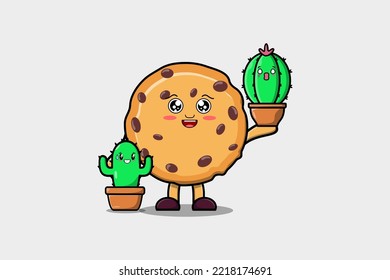 Cute cartoon Biscuits character holding Biscuits plant in pot vector icon illustration